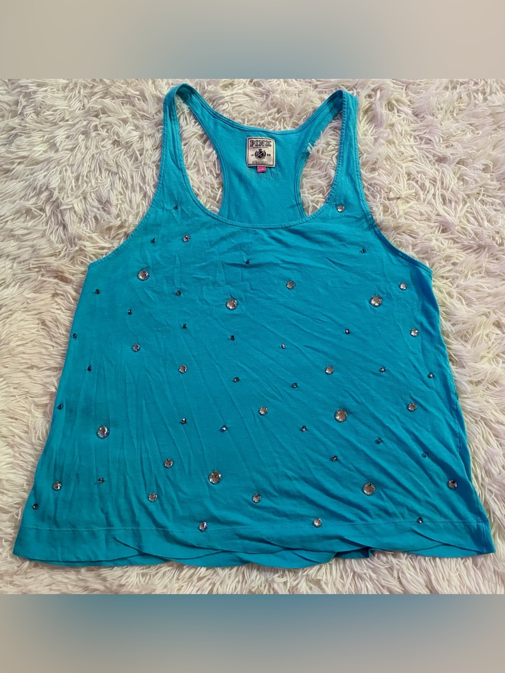 Victorias Secret PINK Y2K 2010s Rhinestone Bling Gem Preppy Tank Top Blue Logo S